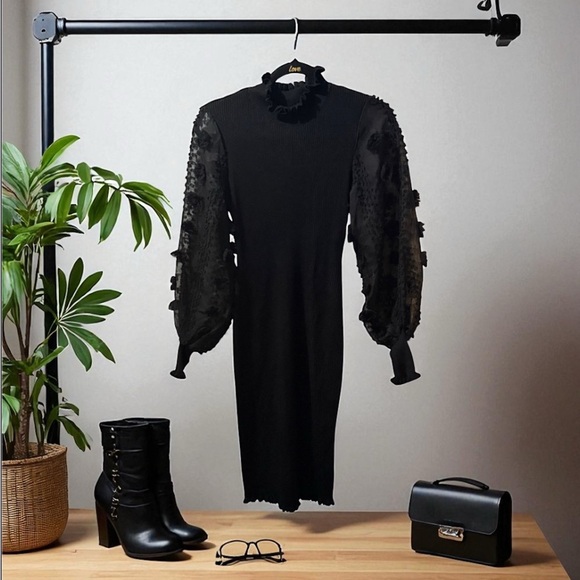 Almost Fabulous Elegant Black Dress w/Bishop Sheer Sleeves & Embroidered Flowers - Picture 8 of 8